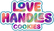 A colorful logo-style graphic reading 'LOVE HANDLES COOKIES' with a rainbow striped fill and a blue outline, centered on a plain white background.